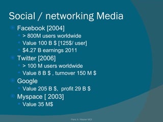 Social / networking Media Facebook [2004] > 800M users worldwide  Value 100 B $ [125$/ user] $4.27 B  earnings  2011 Twitter [2006] > 100 M users worldwide Value 8 B $ , turnover 150 M $ Google Value 205 B $,  profit 29 B $ Myspace [ 2003] Value 35 M$ Paris X / Master MOI 