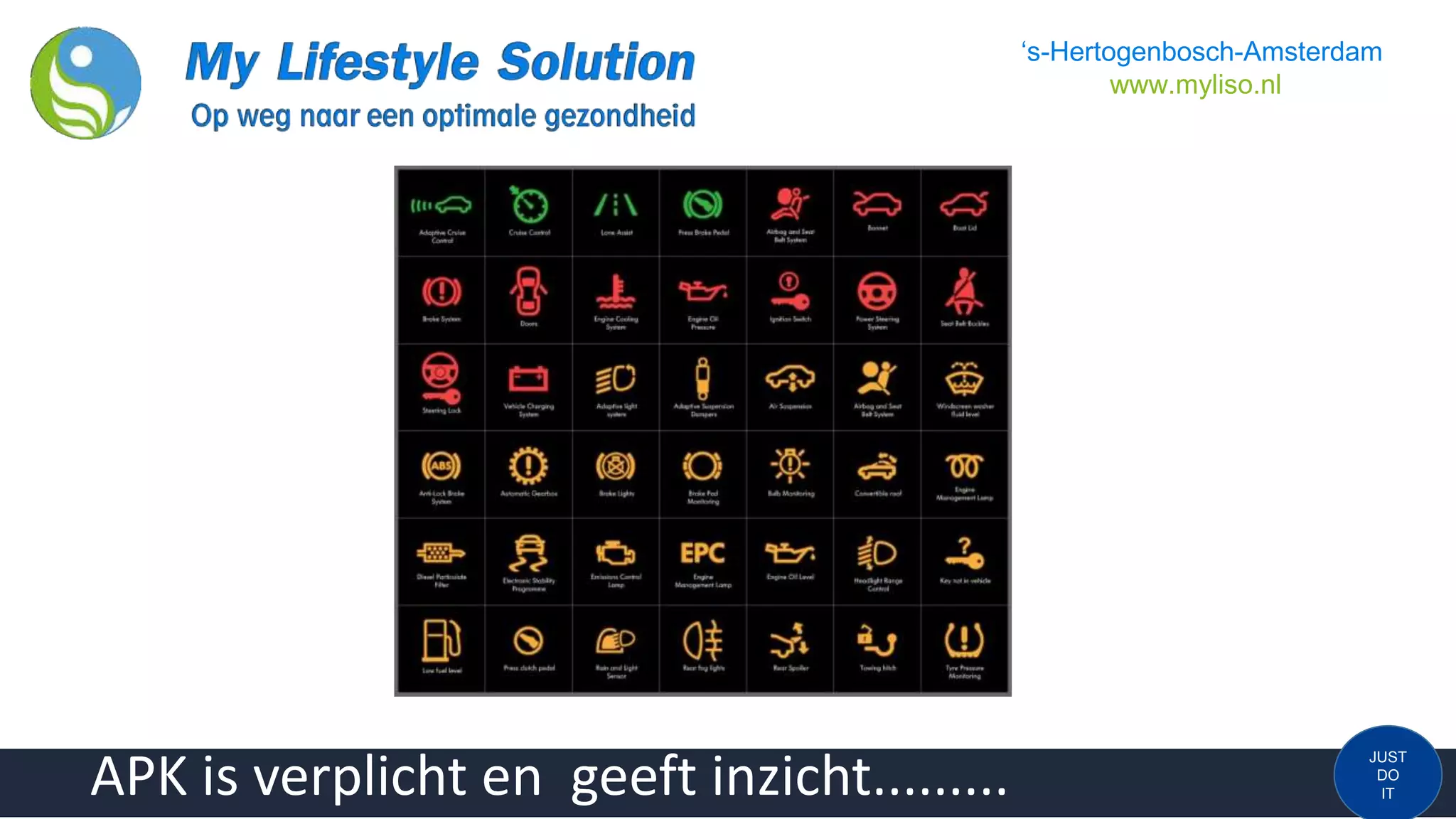 JUST
DO
IT
‘s-Hertogenbosch-Amsterdam
www.myliso.nl
APK is verplicht en geeft inzicht.........
 