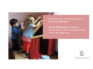 Het werven van schenkingen gebeurt
vanuit de ouderraad.

vzw De Driesprong ontvangt de
schenkingen en stelt ze ter beschikking
van het schoolbestuur.
 