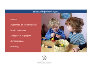 Stilstaan bij schenkingen.


context

ouderraad en schoolbestuur

helder in aanpak

aangenaam in gesprek

richtbedragen

planning
 