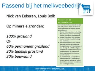 Passend bij het melkveebedrijf
Nick van Eekeren, Louis Bolk
Op minerale gronden:
100% grasland
OF
60% permanent grasland
20% tijdelijk grasland
20% bouwland
 