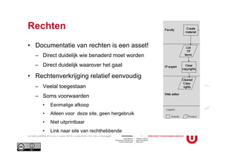 Rechten
•  Documentatie van rechten is een asset!
–  Direct duidelijk wie benaderd moet worden
–  Direct duidelijk waarover het gaat
•  Rechtenverkrijging relatief eenvoudig
–  Veelal toegestaan
–  Soms voorwaarden
•  Eenmalige afkoop
•  Alleen voor deze site, geen hergebruik
•  Niet uitprintbaar
•  Link naar site van rechthebbende
 