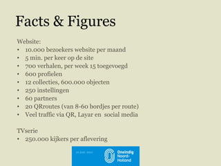Facts & Figures Website: 10.000 bezoekers website per maand 5 min. per keer op de site 700 verhalen, per week 15 toegevoegd 600 profielen 12 collecties, 600.000 objecten  250 instellingen 60 partners 20 QRroutes (van 8-60 bordjes per route)  Veel traffic via QR, Layar en  social media TVserie 250.000 kijkers per aflevering 10 juni  2011 