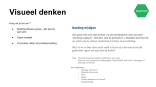 Visueel denken
Hoe pak je het aan?
● Multidisciplinaire groep - alle kennis
aan tafel
● Open mindset
● Formuleer helder de probleemstelling
 