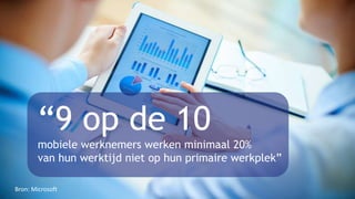 “9 op de 10
mobiele werknemers werken minimaal 20%
van hun werktijd niet op hun primaire werkplek”
Bron: Microsoft
 