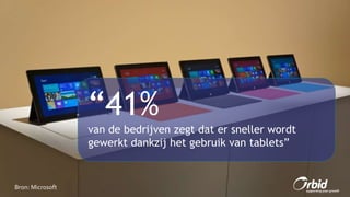 “41%
van de bedrijven zegt dat er sneller wordt
gewerkt dankzij het gebruik van tablets”
Bron: Microsoft
 