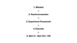 1. Mindset 
v 
2. Randvoorwaarden 
v 
3. Experiment Framework 
v 
4. Executie 
v 
5. Spin In - Spin Out - Kill 
 