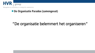 De Organisatie Paradox (samengevat)

“De organisatie belemmert het organiseren”

 