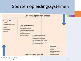 Soorten opleidingssystemen
                                  Onderwijs/opleidings proces

Content / LCMS
Courses
Toetsing van opdrachten
                          Toets-voortgangssystemen
Samenwerken
                          Flexibel in proces
Feedback
                          Individueel en groepen
Communicatie
                          Voornamelijk volgen van het
Roostering
                          leerproces
                          Grote hoeveelheden
                          Learning Analytics        Toetsafname systemen
                                                    Groepen toetsen
                                                    Flexibel in vraagsoorten
                                                    Grote hoeveelheden tegelijk
                                                    Gecontroleerde omgeving
                                                    Authenticatie issue

                                                                                  SI-systemen
                                                                                  Registratie van cijfers
                                                                                  Inflexibel
                                                                                  Gekoppeld aan andere
                                                                                  systemen
                                 Administratief proces                            Vooral adminstratie


                                                                                                            16
 