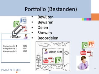Portfolio (Bestanden)
                       •   Bewijzen
                       •   Bewaren
                       •   Delen
                       •   Showen
      Formulier
                       •   Beoordelen
Competentie 1     
Competentie 2     
Competentie 3                 Dit ben ik!!!!




                                                 19
 