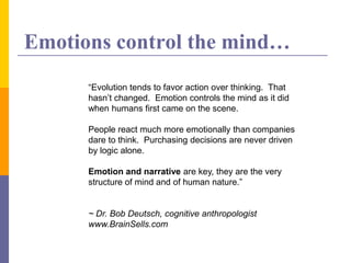 Emotions control the mind…
“Evolution tends to favor action over thinking. That
hasn’t changed. Emotion controls the mind as it did
when humans first came on the scene.
People react much more emotionally than companies
dare to think. Purchasing decisions are never driven
by logic alone.
Emotion and narrative are key, they are the very
structure of mind and of human nature.”
~ Dr. Bob Deutsch, cognitive anthropologist
www.BrainSells.com
 