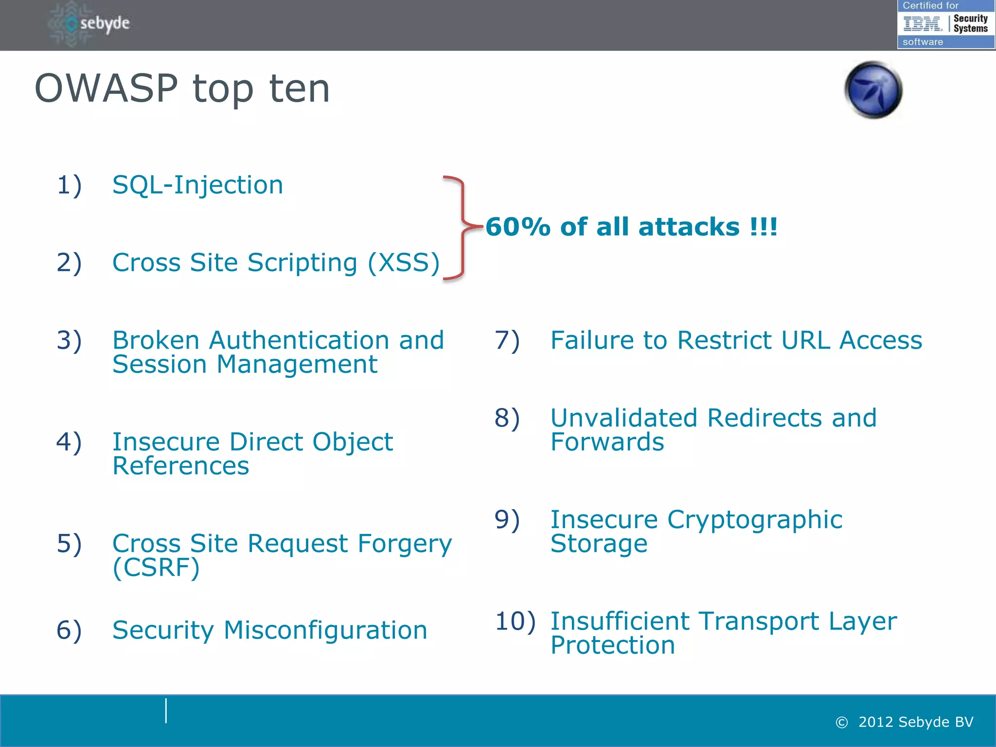 OWASP top ten

1)   SQL-Injection
                                  60% of all attacks !!!
2)   Cross Site Scripting (XSS)


3)   Broken Authentication and    7)   Failure to Restrict URL Access
     Session Management

                                  8)   Unvalidated Redirects and
4)   Insecure Direct Object            Forwards
     References

                                  9)   Insecure Cryptographic
5)   Cross Site Request Forgery        Storage
     (CSRF)

6)   Security Misconfiguration    10) Insufficient Transport Layer
                                      Protection

                                                             © 2012 Sebyde BV
 