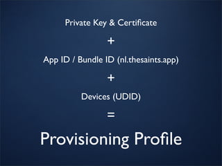 Private Key & Certiﬁcate

                 +
App ID / Bundle ID (nl.thesaints.app)

                 +
          Devices (UDID)

                 =
Provisioning Proﬁle
 