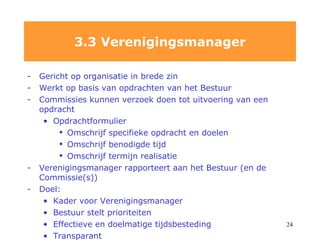 Gericht op organisatie in brede zin  Werkt op basis van opdrachten van het Bestuur Commissies kunnen verzoek doen tot uitvoering van een opdracht Opdrachtformulier Omschrijf specifieke opdracht en doelen Omschrijf benodigde tijd Omschrijf termijn realisatie Verenigingsmanager rapporteert aan het Bestuur (en de Commissie(s)) Doel: Kader voor Verenigingsmanager Bestuur stelt prioriteiten Effectieve en doelmatige tijdsbesteding Transparant 3.3 Verenigingsmanager 