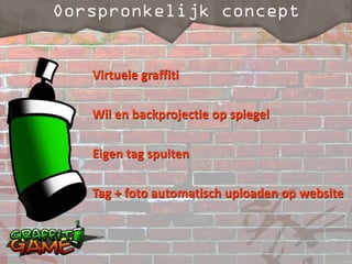 Virtuele graffiti

Wii en backprojectie op spiegel

Eigen tag spuiten

Tag + foto automatisch uploaden op website
 