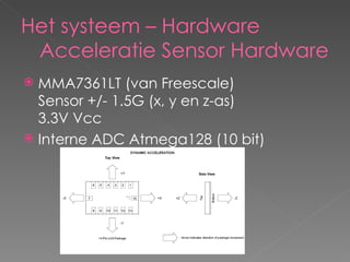 Het systeem – Hardware Acceleratie Sensor Hardware MMA7361LT (van Freescale) Sensor +/- 1.5G (x, y en z-as) 3.3V Vcc Interne ADC Atmega128 (10 bit) 
