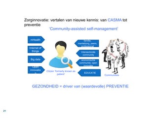 21
Zorginnovatie: vertalen van nieuwe kennis: van CASMA tot
preventie
‘Community-assisted self-management’
mHealth
Open
innovatio
n
Internet of
things
Big data economische
community: open
innovatie
Intersectorale
community
familie,
mantelzorg, peers,
professional
GEZONDHEID = driver van (waardevolle) PREVENTIE
Citizen ‘formerly known as
patient’ Communities
EDUCATIE
 