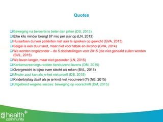 Quotes
 Beweging na beroerte is beter dan pillen (DS, 2013)
 Elke kilo minder brengt 67 mio per jaar op (LN, 2013)
 Huisartsen durven patiënten niet aan te spreken op gewicht (GVA, 2013)
 België is een duur land, maar niet voor tabak en alcohol (GVA, 2014)
 We worden ongezonder – de 5 doelstellingen voor 2015 (die niet gehaald zullen worden
(BVL, 2015)
 We leven langer, maar niet gezonder (LN, 2015)
 Kankerscreenings redden tienduizend levens (DM, 2015)
 Overgewicht is bijna even slecht als roken (BVL, 2015)
 Minder zout kan als je het niet proeft (DS, 2015)
 Kinderbijslag daalt als je je kind niet vaccineert (?) (NB, 2015)
 Uitgebreid wegens succes: beweging op voorschrift (DM, 2015)
 