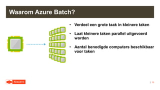 |
Waarom Azure Batch?
10
• Verdeel een grote taak in kleinere taken
• Laat kleinere taken parallel uitgevoerd
worden
• Aantal benodigde computers beschikbaar
voor taken
 