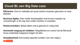 |
Cloud BI, een Big Data case
24
Efficientie: Snel en makkelijk een groot aantal computers gebruiken en weer
afsluiten
Business Agility: Door snelle doorlooptijden snel kunnen inspelen op
veranderingen in de map door snelle inzichten in resultaten
Kostenvoordelen: Betaal alleen wat je gebruikt en nodig hebt
Universele toegang tot middelen: Mogelijkheid om overal met de Microsoft
Azure credentials toegang te krijgen tot data
Schaalbaarheid: Eenvoudig capaciteit schalen voor wat nodig is
 