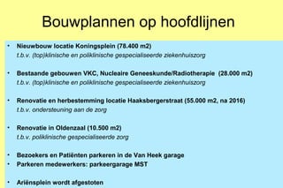Bouwplannen op hoofdlijnen
•

Nieuwbouw locatie Koningsplein (78.400 m2)
t.b.v. (top)klinische en poliklinische gespeciali...