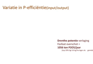 Variatie in P-efficiëntie(input/output)
Drenthe potentie verlaging
Fosfaat overschot =
1056 ton P2O5/jaar
(top 20% ligt 16 kg/ha lager als gemidd
 