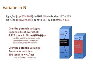 Variatie in N
kg N/ha (top 20% NH3): N-NH3 48 + N-bodem177 = 225
kg N/ha (prijswinnaar): N-NH3 56 + N-bodem80 = 136
Drenthe potentie verlaging
Bodem stikstof overschot=
4.224 ton N in Nitraat(NO3)/jaar
top 20% met 91 kg/ha ligt 64 kg/ha
lagertovgemiddelde 155 kg N/ha
opschalen over 66.000 hectare
Drenthe potentie verlaging
Ammoniak emissie =
500 ton N in NH3/jaar
(5 kg/10.000 kg x 1 miljard kg)
 