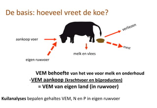 aankoop voer
eigen ruwvoer
melk en vlees
VEM behoefte van het vee voor melk en onderhoud
-VEM aankoop (krachtvoer en bijproducten)
= VEM van eigen land (in ruwvoer)
Kuilanalyses bepalen gehaltes VEM, N en P in eigen ruwvoer
De basis: hoeveel vreet de koe?
 