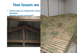 Hoe lossen we dit op: weer
• Warme lucht van ‘dubbel dak’ mechanisch het hooi mee
beluchten
• Warmte van koel aggregaat??
 