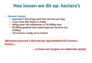 Hoe lossen we dit op: hectare’s
• Hoeveel hectare
• Jaarrond 1 kilo droge stof hooi per koe per dag
• 1 koe maal 365 dagen is nodig
• 365kg maal 100 melkkoeien is 36.500kg hooi
• 36.500kg gedeeld door opbrengst per hectare van
3.500kg
• 10,5 hectare nodig om te hooien
100 koeien jaarrond 1 kilo hooi per dag betekend 10,5 hectare
hooien….
….en hooi voor jongvee en voldoende opslag!
 