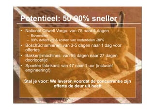 Potentieel: 50-90% sneller
• National Oilwell Vargo: van 75 naar 4 dagen
   – Bovendien
   – 99% defect vrij & kosten van onderdelen -30%
• BoschScharnieren: van 3-5 dagen naar 1 dag voor
  offertes
• Bakkerij-machines: van 55 dagen naar 27 dagen
  doorlooptijd
• Spoelen fabrikant: van 47 naar 1 uur (inclusief
  engineering!)

 Stel je voor: We leveren voordat de concurrentie zijn
                offerte de deur uit heeft
 