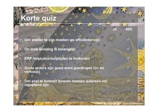 Korte quiz
                                                              JA            NEE


•   Om sneller te zijn moeten we efficiënter zijn                            

•   On time levering is belangrijk                                           

•   ERP helpt doorlooptijden te verkorten                                    

•   Grote orders zijn goed want goedkoper (in- en                            
    verkoop)

•   Om snel te kunnen leveren moeten iedereen vol                            
    ingepland zijn



                                               Copyright © 2010 R. Suri – used with permission
 