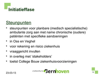 Initiatieffase

Steunpunten
   steunpunten voor planbare (medisch specialistische)
    ambulante zorg aan met name chronische (oudere)
    patiënten met specifieke aandoeningen
   in Oss en Veghel
   voor rekening en risico ziekenhuis
   vraaggericht invullen
   in overleg met ‘stakeholders’
   toetst College Bouw ziekenhuisvoorzieningen


                                                          18
23-03-13
 