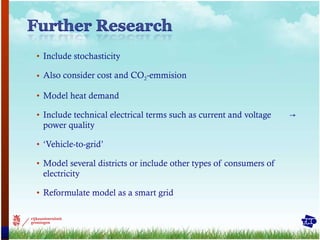 Include stochasticity Also consider cost and CO 2 -emmision Model heat demand Include technical electrical terms such as current and voltage  -> power quality ‘ Vehicle-to-grid’ Model several districts or include other types of consumers of electricity Reformulate model as a smart grid 