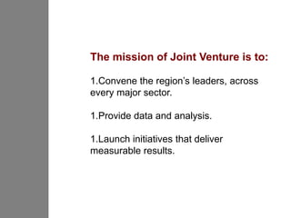 The mission of Joint Venture is to:

1.Convene the region’s leaders, across
every major sector.

1.Provide data and analysis.

1.Launch initiatives that deliver
measurable results.
 