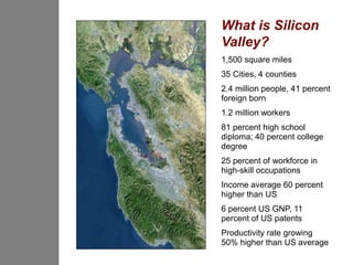 What is Silicon
Valley?
1,500 square miles
35 Cities, 4 counties
2.4 million people, 41 percent
foreign born
1.2 million workers
81 percent high school
diploma; 40 percent college
degree
25 percent of workforce in
high-skill occupations
Income average 60 percent
higher than US
6 percent US GNP, 11
percent of US patents
Productivity rate growing
50% higher than US average
 