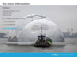 For more information:
DeltaSync
Molengraaffsingel 12-14
2629 JD Delft
Netherlands
Dr. ir. Rutger de Graaf-van Dinther
T: +31 152561872
C: +31 616308790
www.deltasync.nl
 