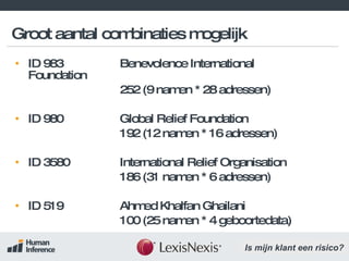 Groot aantal combinaties mogelijk ID 983  Benevolence International Foundation 252 (9 namen * 28 adressen) ID 980  Global Relief Foundation 192 (12 namen * 16 adressen) ID 3580  International Relief Organisation 186 (31 namen * 6 adressen) ID 519  Ahmed Khalfan Ghailani 100 (25 namen * 4 geboortedata) 