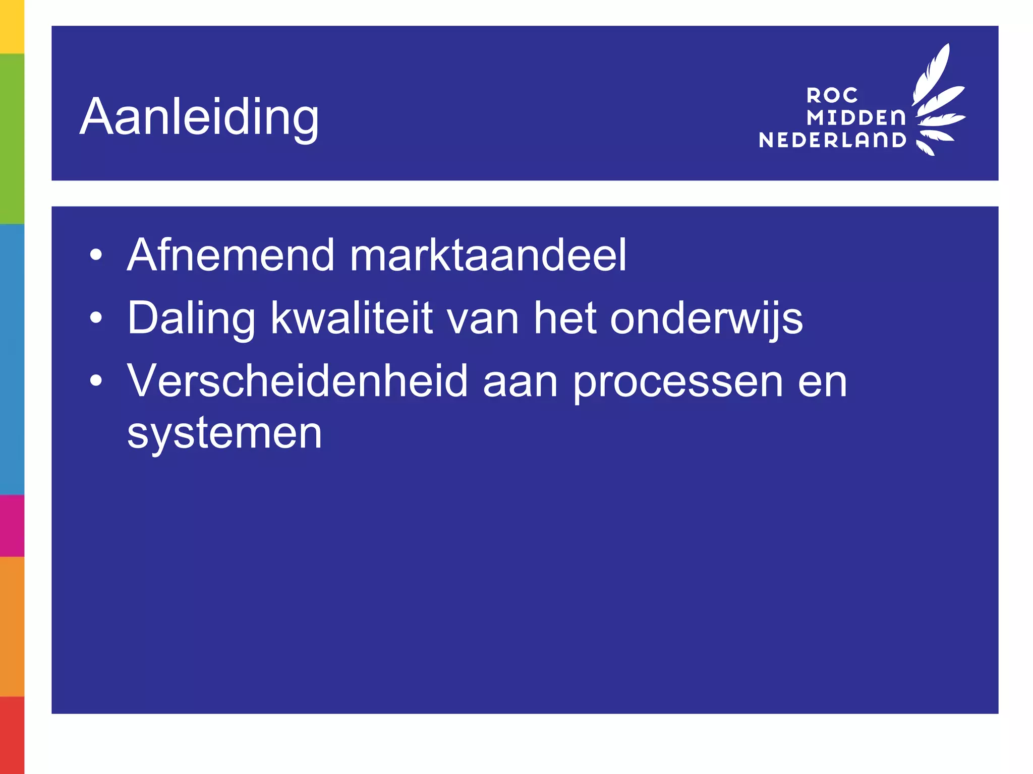 Aanleiding Afnemend marktaandeel Daling kwaliteit van het onderwijs Verscheidenheid aan processen en systemen 