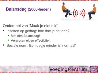Balansdag (2006-heden)
Onderdeel van ‘Maak je niet dik!’
 Inzetten op gedrag: hoe doe je dat dan?
 Met een Balansdag!
 Vergroten eigen effectiviteit
 Sociale norm: Een dagje minder is ‘normaal’
 