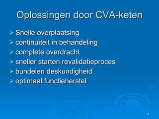 Oplossingen door CVA-keten Snelle overplaatsing continuïteit in behandeling complete overdracht sneller starten revalidatieproces bundelen deskundigheid optimaal functieherstel 