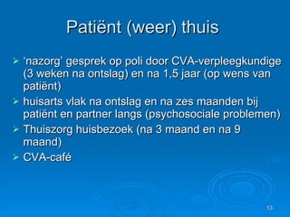 Patiënt (weer) thuis  ‘ nazorg’ gesprek op poli door CVA-verpleegkundige (3 weken na ontslag) en na 1,5 jaar (op wens van patiënt) huisarts vlak na ontslag en na zes maanden bij patiënt en partner langs (psychosociale problemen) Thuiszorg huisbezoek (na 3 maand en na 9 maand)  CVA-café 