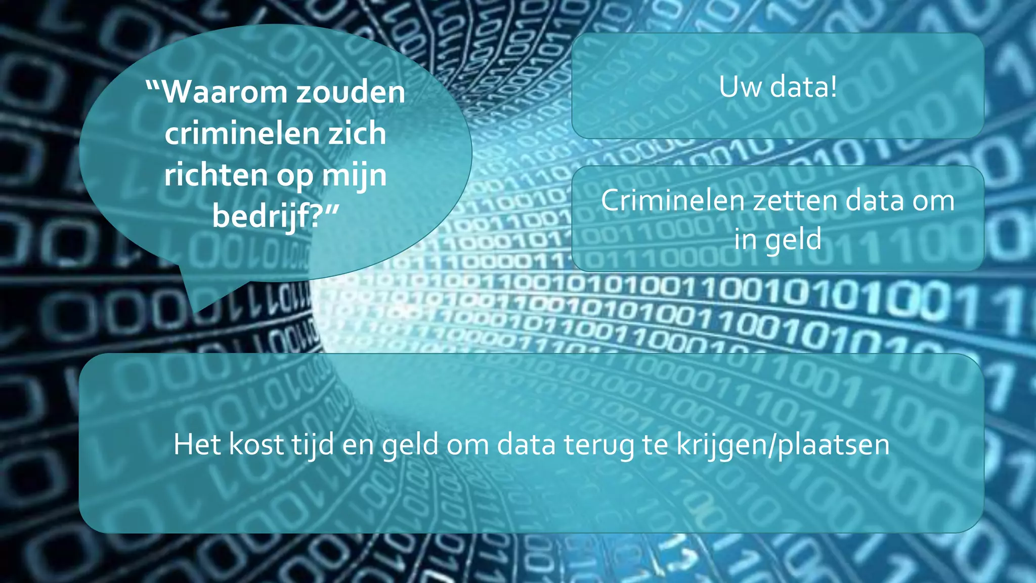 Uw data!“Waarom zouden
criminelen zich
richten op mijn
bedrijf?” Criminelen zetten data om
in geld
Het kost tijd en geld om data terug te krijgen/plaatsen
 