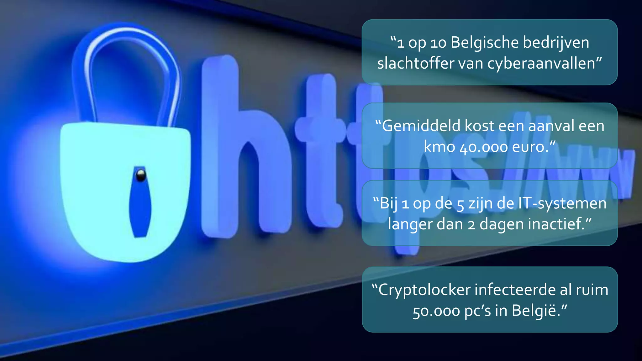 “1 op 10 Belgische bedrijven
slachtoffer van cyberaanvallen”
“Gemiddeld kost een aanval een
kmo 40.000 euro.”
“Bij 1 op de 5 zijn de IT-systemen
langer dan 2 dagen inactief.”
“Cryptolocker infecteerde al ruim
50.000 pc’s in België.”
 