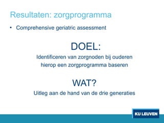 Resultaten: zorgprogramma
• Comprehensive geriatric assessment
DOEL:
Identificeren van zorgnoden bij ouderen
hierop een zorgprogramma baseren
WAT?
Uitleg aan de hand van de drie generaties
 