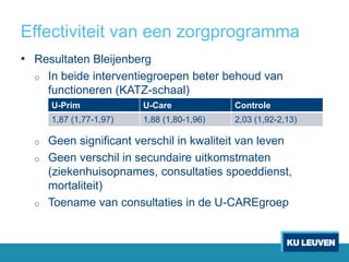 Effectiviteit van een zorgprogramma
• Resultaten Bleijenberg
o In beide interventiegroepen beter behoud van
functioneren (KATZ-schaal)
o Geen significant verschil in kwaliteit van leven
o Geen verschil in secundaire uitkomstmaten
(ziekenhuisopnames, consultaties spoeddienst,
mortaliteit)
o Toename van consultaties in de U-CAREgroep
U-Prim U-Care Controle
1,87 (1,77-1,97) 1,88 (1,80-1,96) 2,03 (1,92-2,13)
 