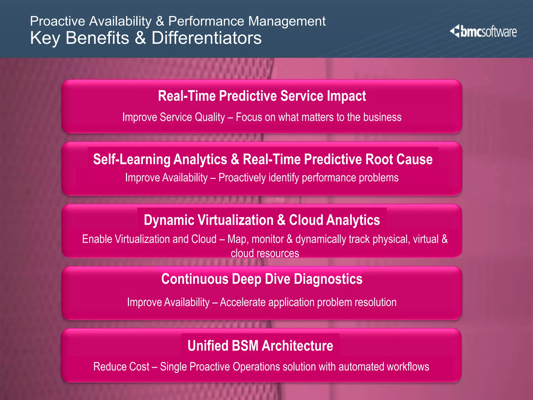 Proactive Availability & Performance Management
 Key Benefits & Differentiators


                                                 Real-Time Predictive Service Impact
                                      Improve Service Quality – Focus on what matters to the business


                          Self-Learning Analytics & Real-Time Predictive Root Cause
                                          Improve Availability – Proactively identify performance problems


                                              Dynamic Virtualization & Cloud Analytics
                      Enable Virtualization and Cloud – Map, monitor & dynamically track physical, virtual &
                                                        cloud resources

                                                  Continuous Deep Dive Diagnostics
                                          Improve Availability – Accelerate application problem resolution


                                                        Unified BSM Architecture
                          Reduce Cost – Single Proactive Operations solution with automated workflows
© Copyright 1/26/2012 BMC Software, Inc                                                                        22
 