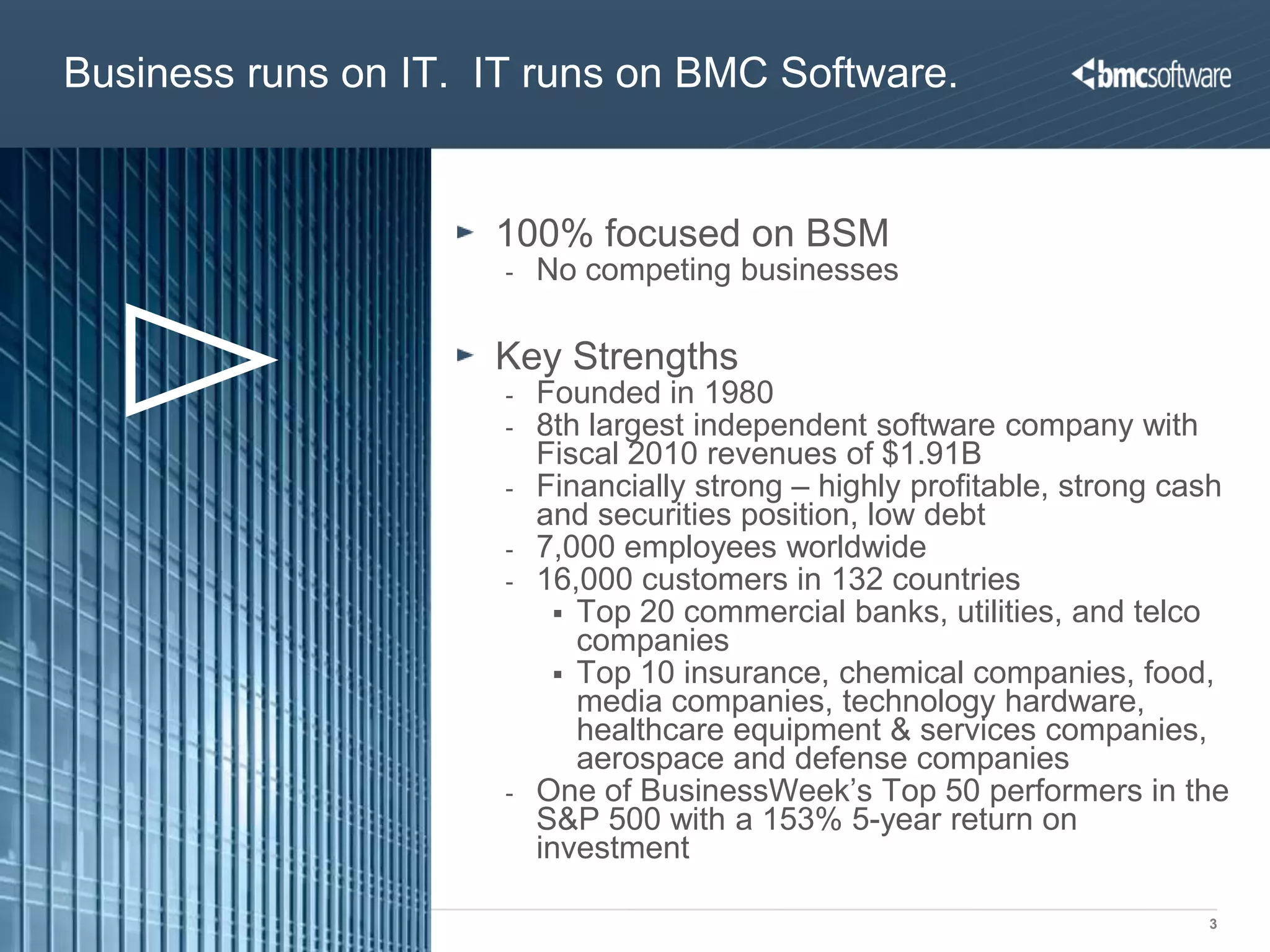 Business runs on IT. IT runs on BMC Software.


                                          100% focused on BSM
                                          -   No competing businesses

                                          Key Strengths
                                          -   Founded in 1980
                                          -   8th largest independent software company with
                                              Fiscal 2010 revenues of $1.91B
                                          -   Financially strong – highly profitable, strong cash
                                              and securities position, low debt
                                          -   7,000 employees worldwide
                                          -   16,000 customers in 132 countries
                                                 Top 20 commercial banks, utilities, and telco
                                                  companies
                                                 Top 10 insurance, chemical companies, food,
                                                  media companies, technology hardware,
                                                  healthcare equipment & services companies,
                                                  aerospace and defense companies
                                          -   One of BusinessWeek’s Top 50 performers in the
                                              S&P 500 with a 153% 5-year return on
                                              investment

© Copyright 1/26/2012 BMC Software, Inc                                                        3
 