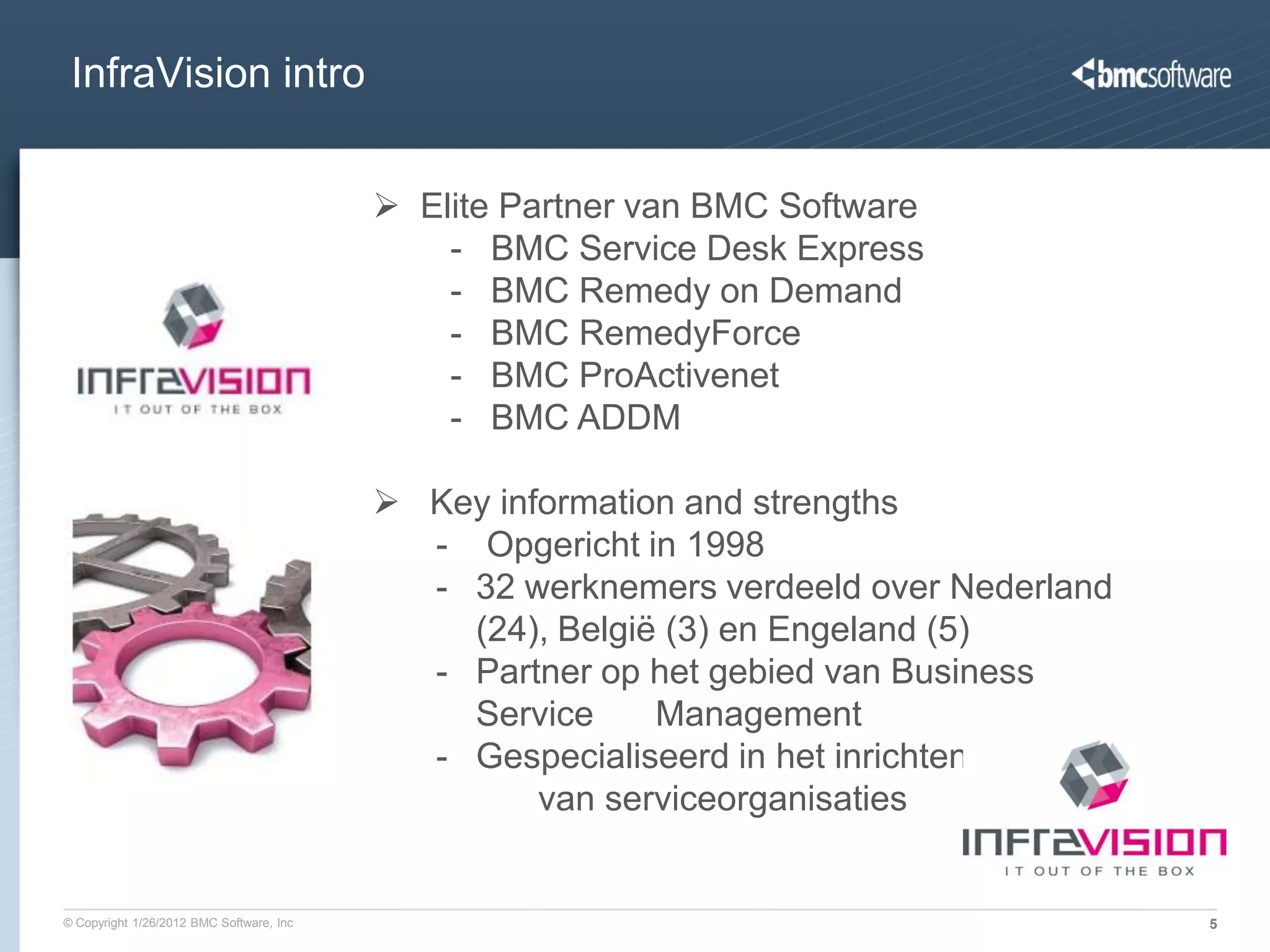 InfraVision intro


                                           Elite Partner van BMC Software
                                              - BMC Service Desk Express
                                              - BMC Remedy on Demand
                                              - BMC RemedyForce
                                              - BMC ProActivenet
                                              - BMC ADDM

                                           Key information and strengths
                                            - Opgericht in 1998
                                            - 32 werknemers verdeeld over Nederland
                                              (24), België (3) en Engeland (5)
                                            - Partner op het gebied van Business
                                              Service     Management
                                            - Gespecialiseerd in het inrichten va
                                                   van serviceorganisaties


© Copyright 1/26/2012 BMC Software, Inc                                               5
 