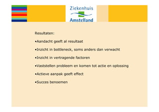 Resultaten:

•Aandacht geeft al resultaat

•Inzicht in bottleneck, soms anders dan verwacht

•Inzicht in vertragende factoren

•Vaststellen probleem en komen tot actie en oplossing

•Actieve aanpak geeft effect

•Succes benoemen
 
